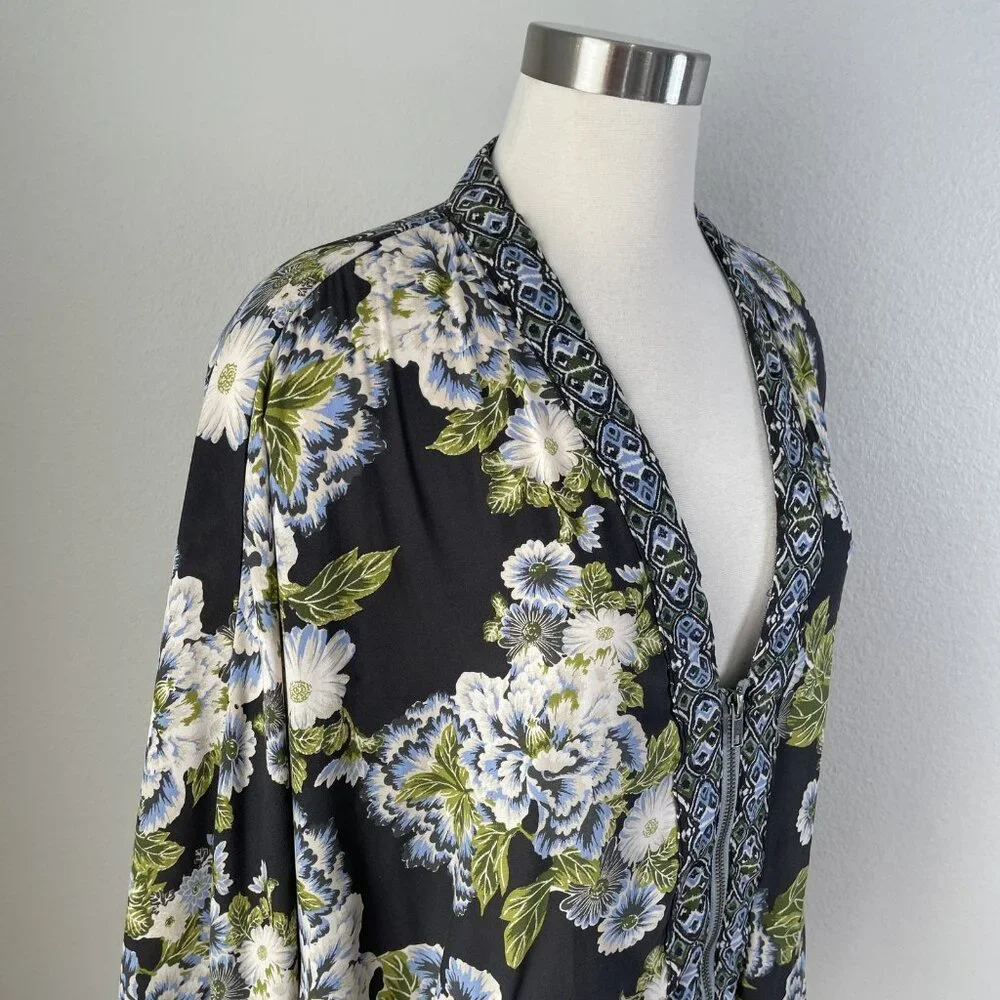 Free People Jacket Womens Medium Large Black Blue Floral Boho Kimono Pockets Zip